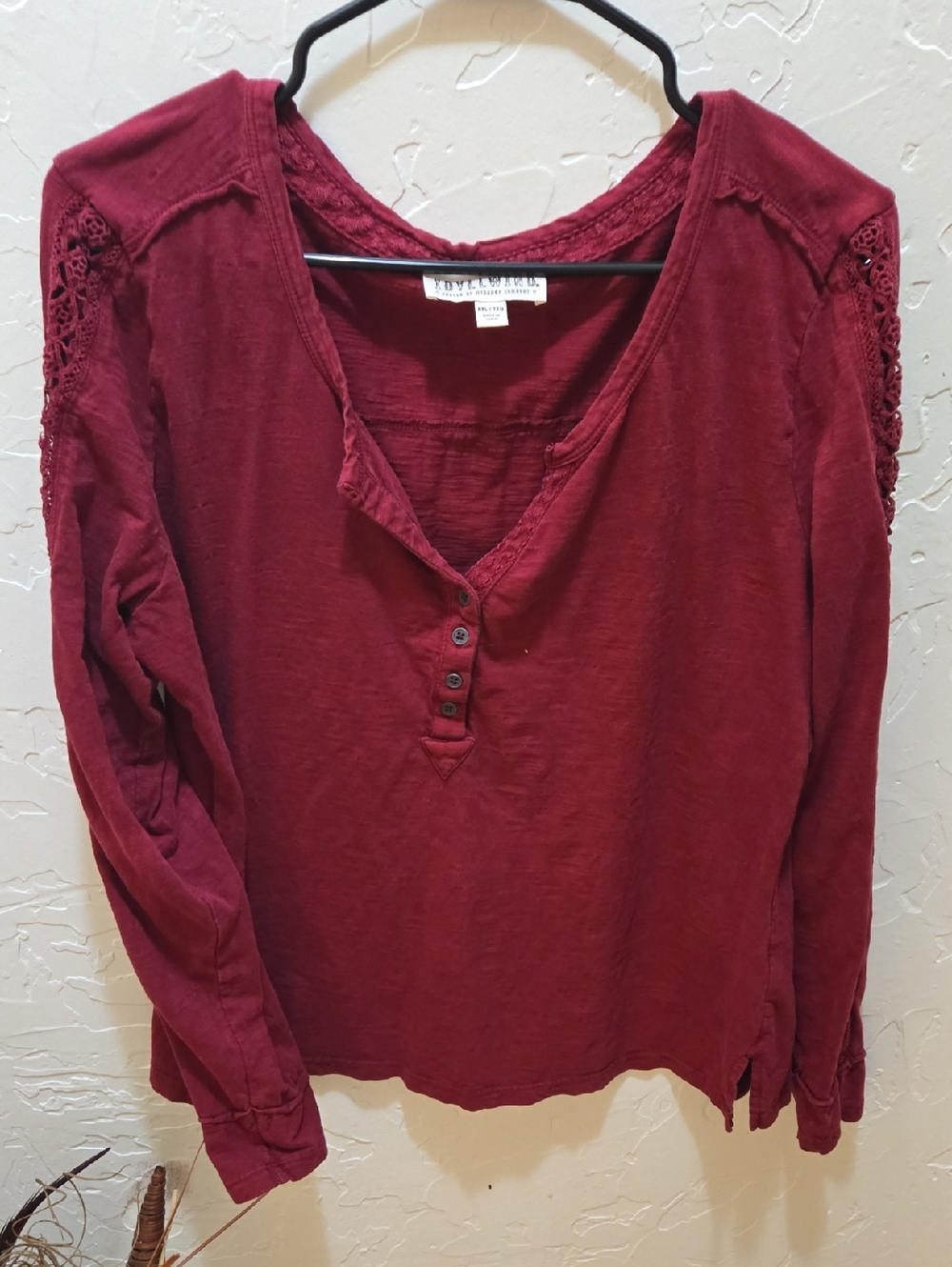Idyllwind Burgundy Long-Sleeve Henley with Lace Shoulder Detail